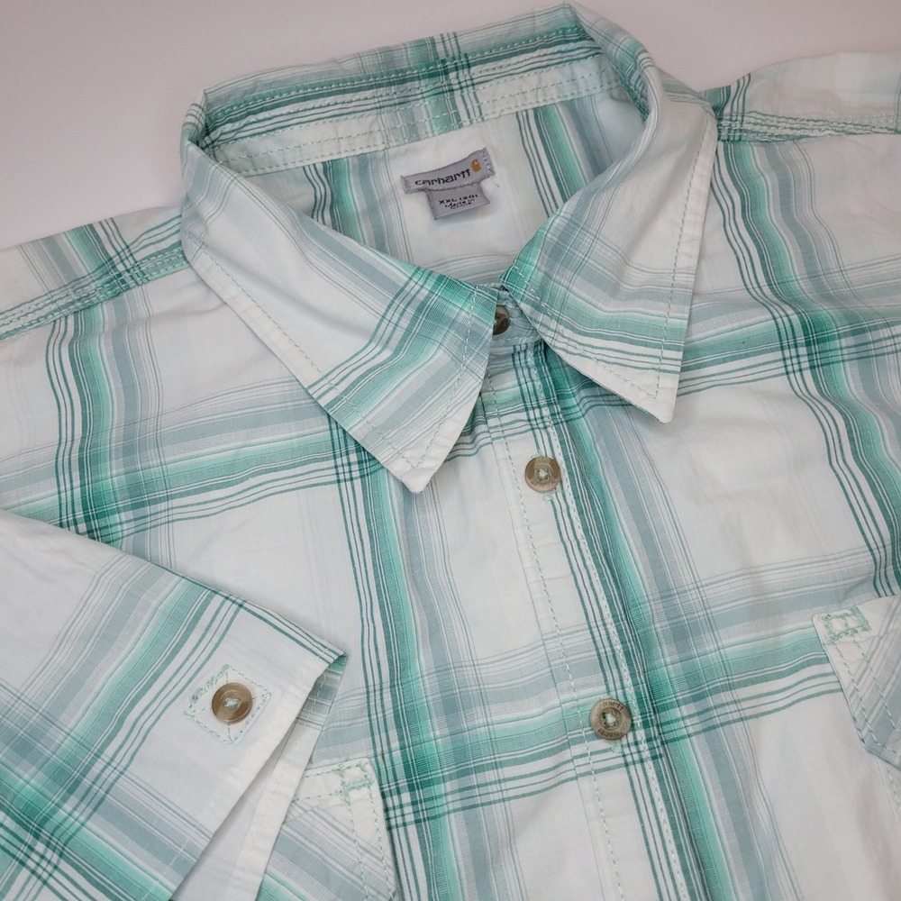 Carhartt Button‎ Down Shirt Womens XXL Teal Green White Excellent Plaid 102069